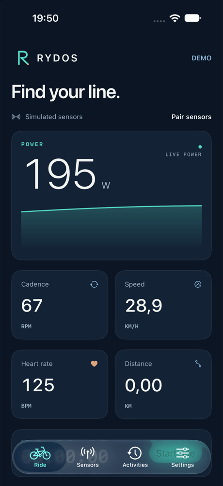 Rydos ride screen showing live power, cadence, speed, heart rate and distance readings, in a demo session using simulated sensors.