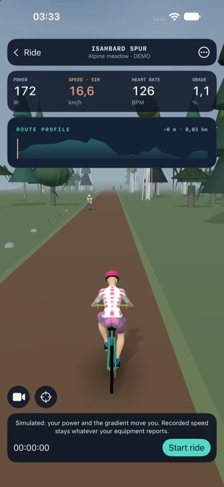 Rydos world view of an alpine meadow climb on a dirt path through conifers, HUD showing power, simulated speed, heart rate and grade, with a decorative cyclist ahead.