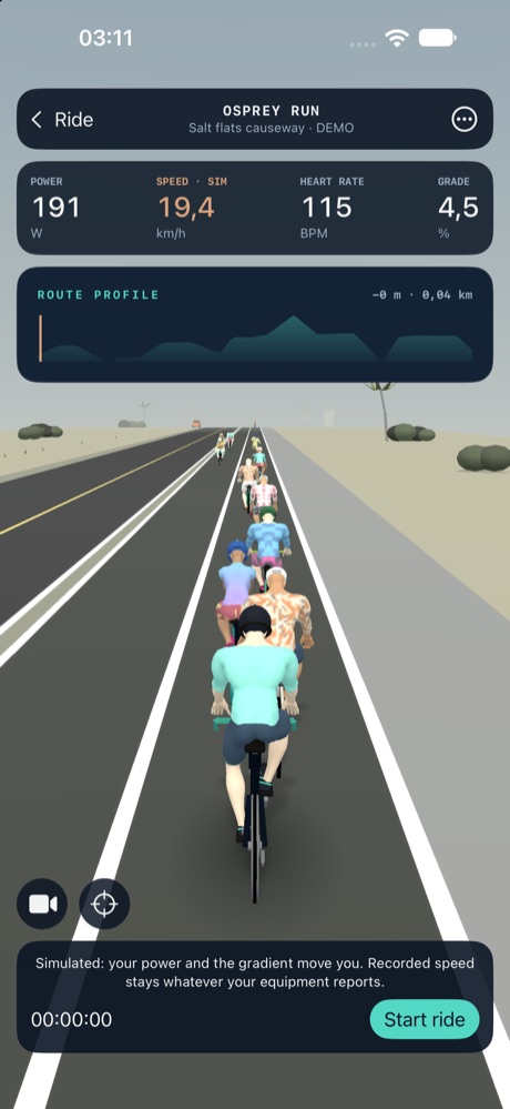 Rydos world view of a wide causeway road across a hazy salt flat, HUD showing power, simulated speed, heart rate and grade, with a pack of decorative riders ahead in different jerseys.