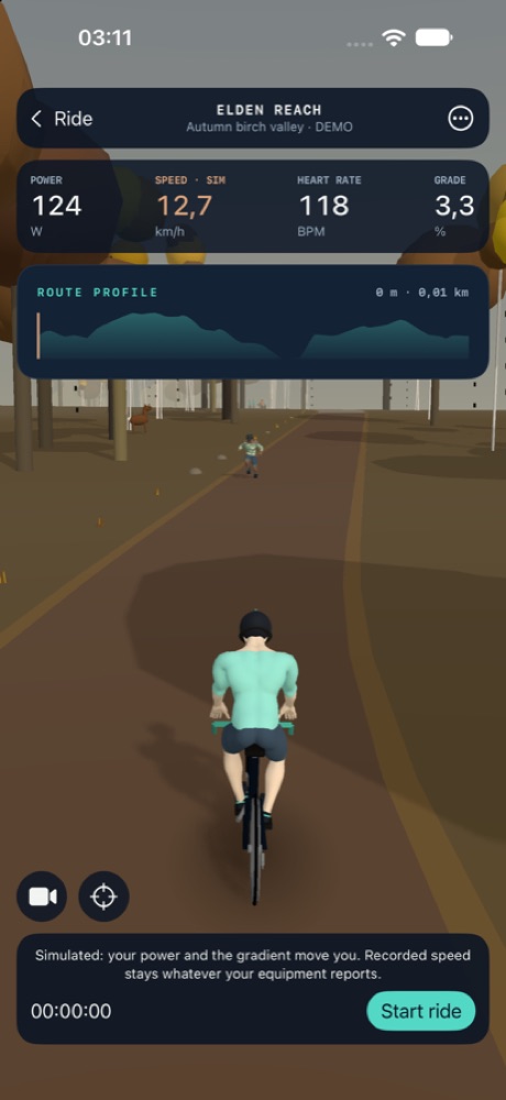 Rydos world view of an autumn birch valley trail, dirt path lined with birch trunks, HUD showing power, simulated speed, heart rate and grade, with a decorative runner ahead.